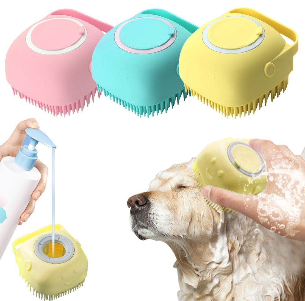 Escova Massageadora de Banho para Pet com Dispensador de Shampoo Embutido
