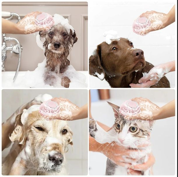 Escova Massageadora de Banho para Pet com Dispensador de Shampoo Embutido